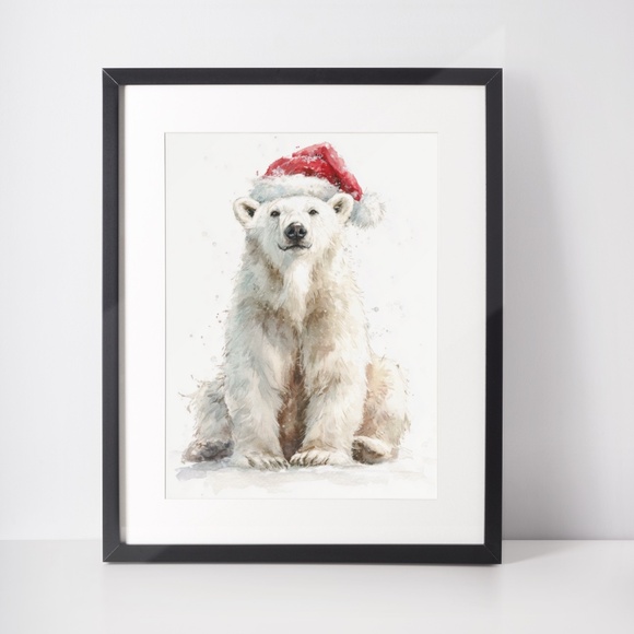 Watercolor Polar Bear with Red Scarf Portrait Wall Art Print Poster, Unframed - Picture 3 of 5